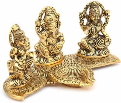 Gold-Plated Lakshmi Ganesh Saraswati Idol with Deepak | Metal Showpiece for Home, Office, Worship & Gifting