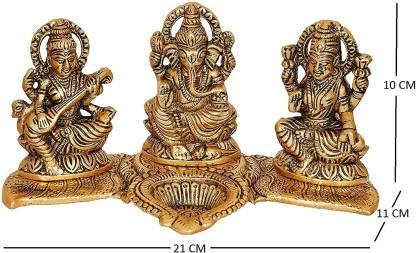 Gold-Plated Lakshmi Ganesh Saraswati Idol with Deepak | Metal Showpiece for Home, Office, Worship & Gifting