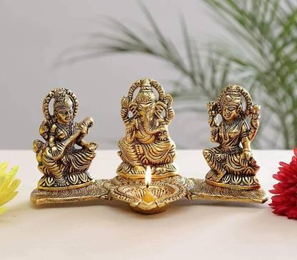 Gold-Plated Lakshmi Ganesh Saraswati Idol with Deepak | Metal Showpiece for Home, Office, Worship & Gifting