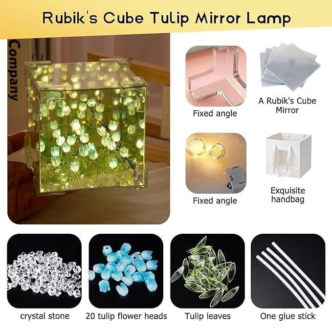 Tulip Cube Mirror Lamp | 2-in-1 Decorative Night Light & Mirror | Multicolor DIY Lamp for Home Decor