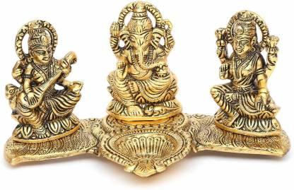 Gold-Plated Lakshmi Ganesh Saraswati Idol with Deepak | Metal Showpiece for Home, Office, Worship & Gifting